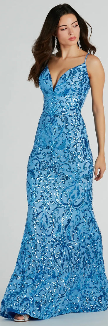 Turn heads in the beaming Kara V-Neck Mermaid Sequin Formal Dress, a stunning periwinkle sequin dress designed to add sparkle and elegance to your next night out or special occasion.