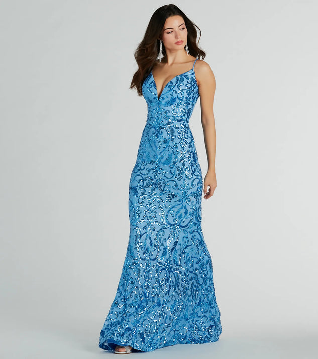 Turn heads in the beaming Kara V-Neck Mermaid Sequin Formal Dress, a stunning periwinkle sequin dress designed to add sparkle and elegance to your next night out or special occasion.
