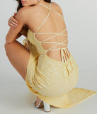 Make a bold statement in the Lakelyn Lace-Up Floral Sequin Mesh Formal Dress in yellow, the perfect spring dress for weddings, cocktail hours, nights out, and/or seasonal celebrations.