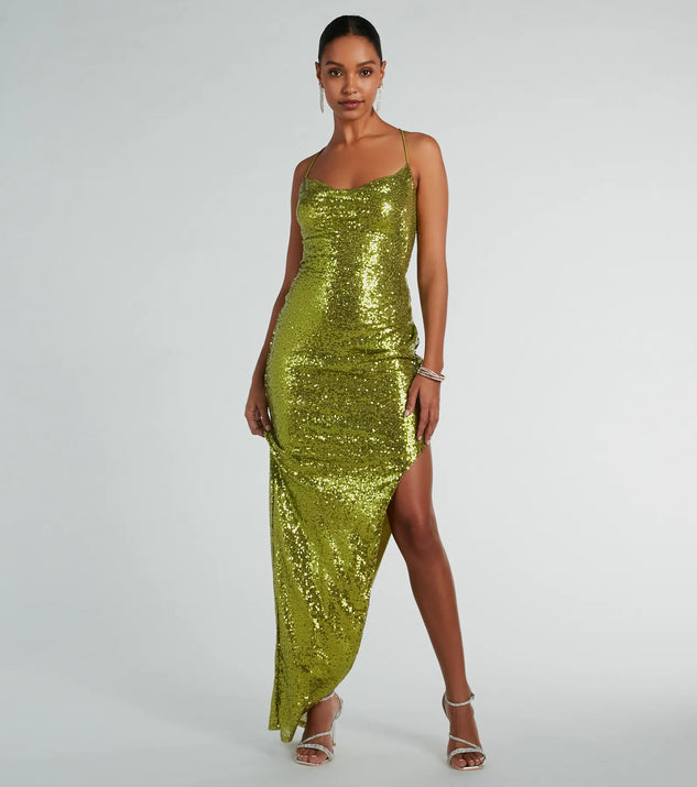 You'll feel stylish and confident in the Jennifer Strappy Back High Slit Sequin Formal Dress as your Winter Formal Dress to stand out at your dance or event.
