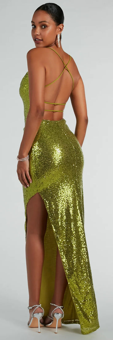 Stand out in a crowd with the Jennifer Strappy Back High Slit Sequin Formal Dress, a glamorous chartreuse sequin dress that sparkles effortlessly as an NYE party gown, wedding guest dress, or must-have evening wear for formal events like military balls and winter formals.