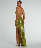 Stand out in a crowd with the Jennifer Strappy Back High Slit Sequin Formal Dress, a glamorous chartreuse sequin dress that sparkles effortlessly as an NYE party gown, wedding guest dress, or must-have evening wear for formal events like military balls and winter formals.