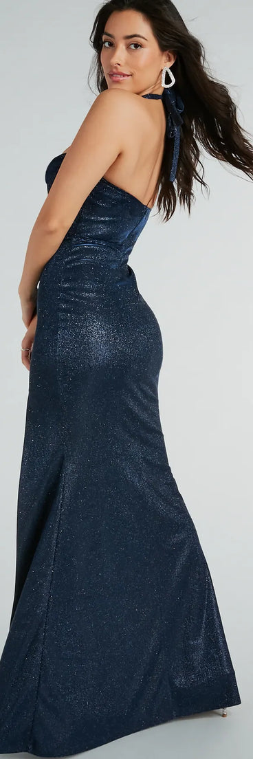 Elsa Halter Slit Mermaid Glitter Formal Dress