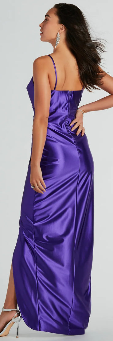 The elegant Stephanie Cowl Neck Wrap Satin Formal Dress is a purple satin bridesmaid dress crafted with luxe fabric, ideal for modern weddings and traditional bridal parties.