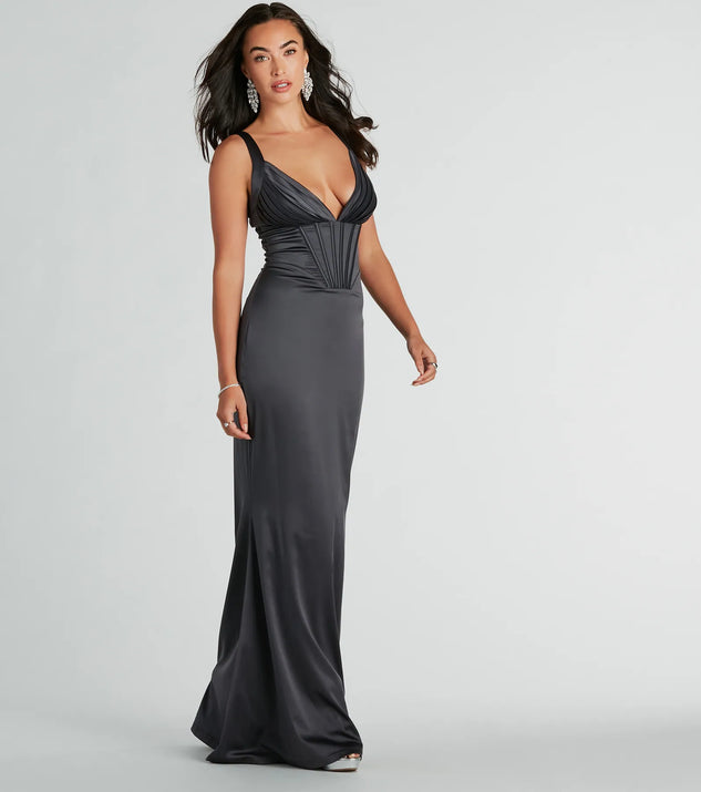 Catrina Formal V-Neck Corset Mermaid Satin Dress | Windsor