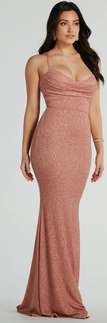 You'll feel stylish and confident in the Chelsea Cowl Neck Lace-Up Mermaid Glitter Dress as your Winter Formal Dress to stand out at your dance or event.