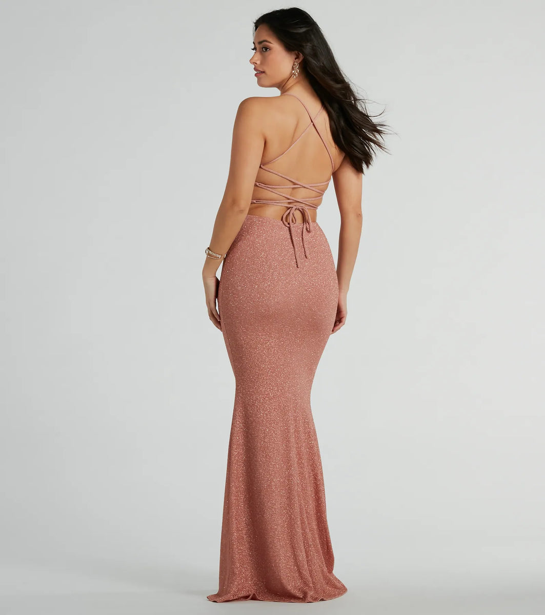 Petite - Sleeveless Glitter Mesh Dress with Cowl Neckline and Cascade Detail Skirt