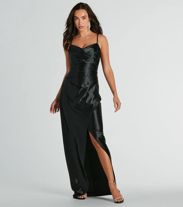 Stephanie Cowl Neck Wrap Satin Formal Dress | Windsor