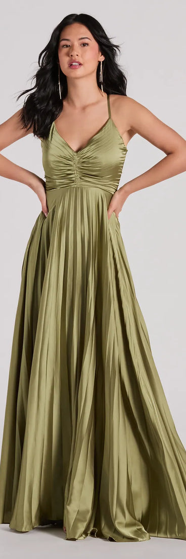 Revamp your 2025 wardrobe with this chic addition, the Charlie Lace-Up A-Line Pleated Satin Formal Dress in sage green, perfect for elevating your style in the new year.