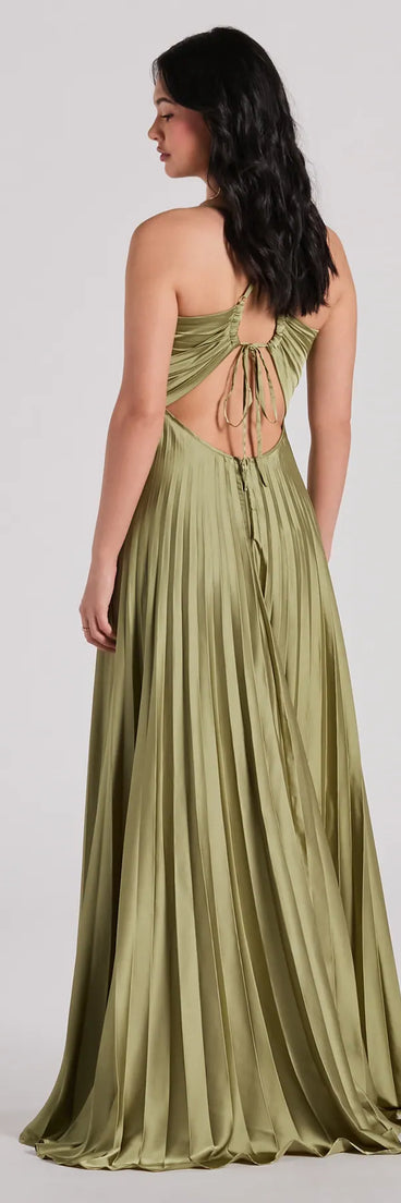 The elegant Charlie Lace-Up A-Line Pleated Satin Formal Dress is a sage green satin bridesmaid dress crafted with luxe fabric, ideal for modern weddings and traditional bridal parties.