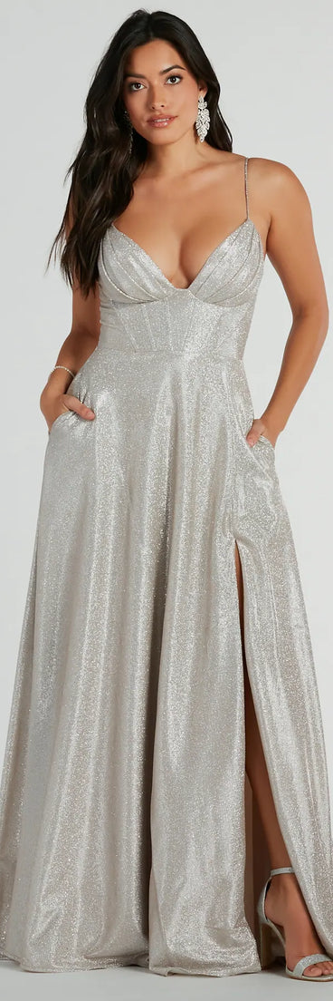 The Skyla Glitter Woven Corset A-Line Formal Dress is a shimmery silver glitter dress that catches the light beautifully, perfect for any special outfit like Winter Formal attire, clubwear, or a wedding guest dress.