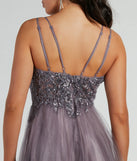 Shine bright in the Vanessa A-Line Glitter Tulle Formal Dress, a glamorous lavender sequin dress that captures the light beautifully, ideal for an NYE party dress, wedding guest dress, or military ball gown.