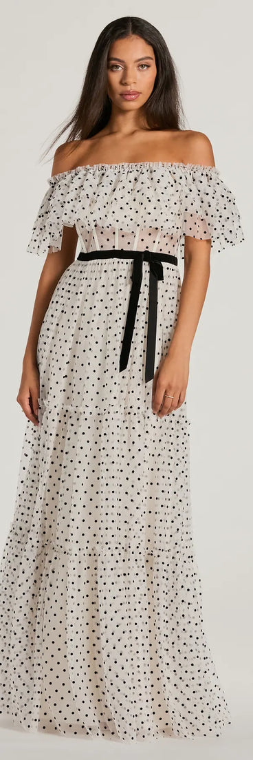 Aria Ruffled Off-The-Shoulder Polka Dot Mesh Formal Dress