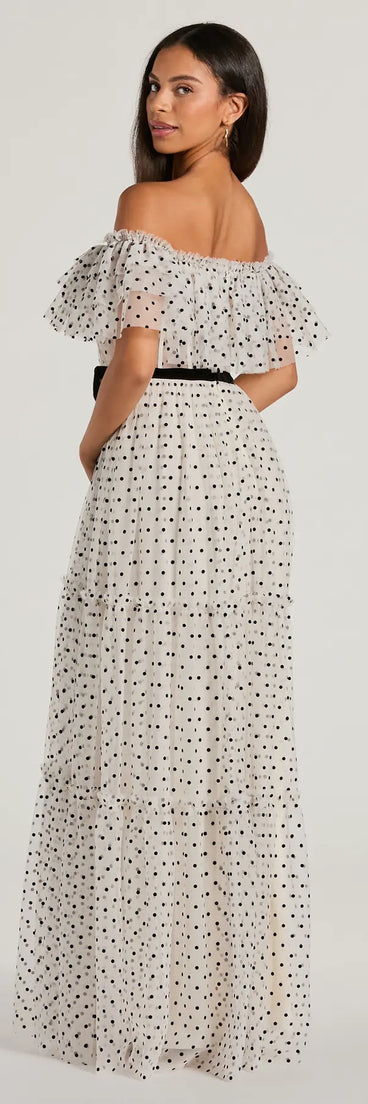 Aria Ruffled Off-The-Shoulder Polka Dot Mesh Formal Dress