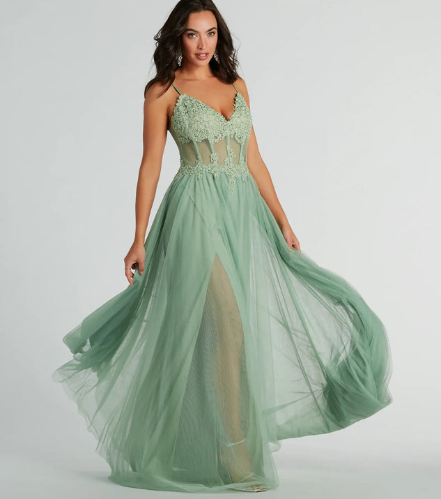 Own the spotlight in the Fatima V-Neck Embroidered A-Line Tulle Dress, a sage green formal dress crafted to deliver luxe style for autumn weddings, Military Balls, or any special event.