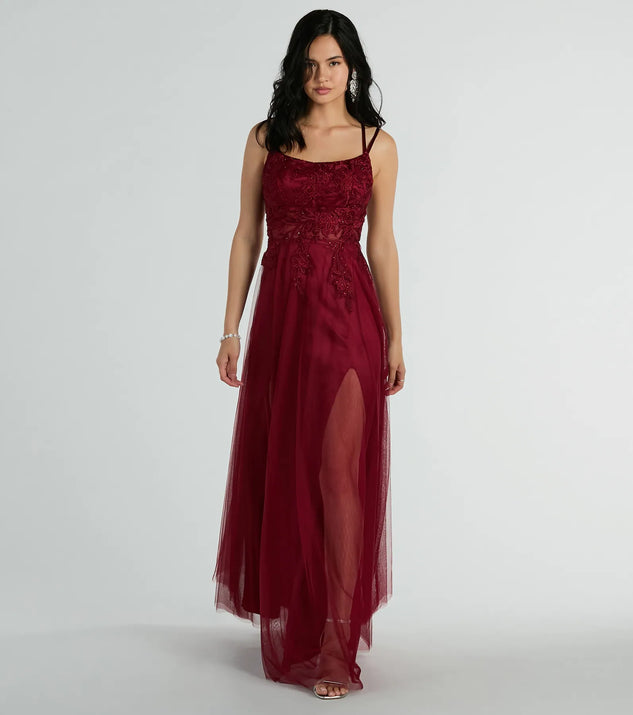 Own the spotlight in the Leslie Floral Applique Lace Up A-Line Formal Dress, a wine formal dress crafted to deliver luxe style for summer weddings, Army Balls, or any special event.
