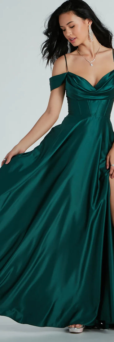 Own the spotlight in the Alira Cold Shoulder A-Line Satin Formal Dress, a hunter green formal dress crafted to deliver luxe style for autumn weddings, Military Balls, or any special event.