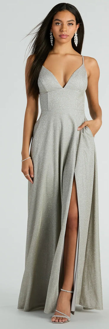 The Mary Lace Up A-Line Glitter Formal Dress With Pockets is a shimmery silver glitter dress that catches the light beautifully, perfect for any special outfit like Winter Formal attire, clubwear, or a wedding guest dress.