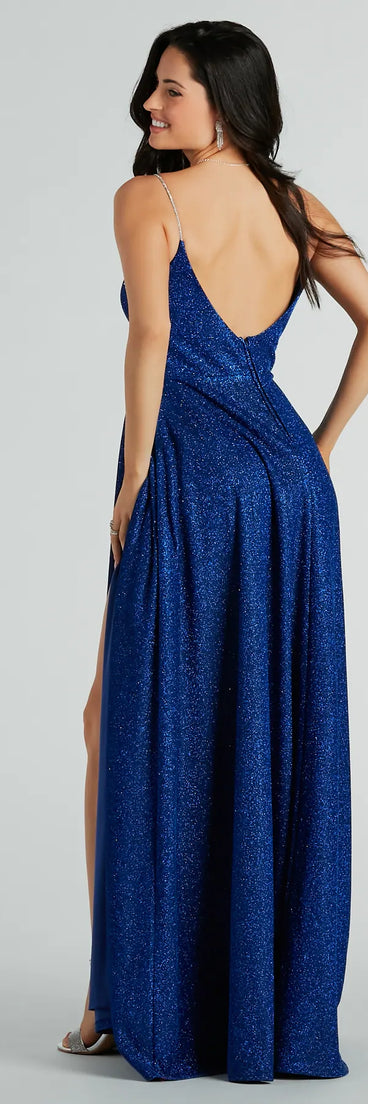 The Alara Rhinestone Strap Glitter A-Line Formal Dress is an elegant royal blue formal dress in a rich seasonal color and with unique design accents that make dressing up for winter parties, holiday balls, or festive gatherings effortless!