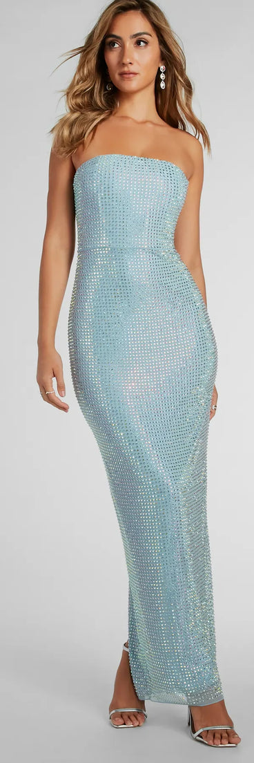 You'll be the best dressed in the Brittney Strapless Rhinestone Long Formal Dress as your fall formal dress with beautiful and unique details from Windsor.