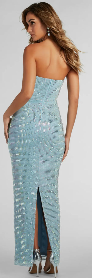 You'll be the best dressed in the Brittney Strapless Rhinestone Long Formal Dress as your fall formal dress with beautiful and unique details from Windsor.