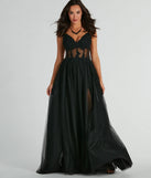 The Fatima V-Neck Embroidered A-Line Tulle Dress in luxe black fabric, a stunning prom dress with statement details designed to make a bold impression at Prom 2025.