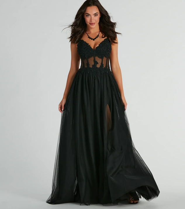 The Fatima V-Neck Embroidered A-Line Tulle Dress in luxe black fabric, a stunning prom dress with statement details designed to make a bold impression at Prom 2025.