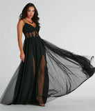 The Fatima V-Neck Embroidered A-Line Tulle Dress in luxe black fabric, a stunning prom dress with statement details designed to make a bold impression at Prom 2025.