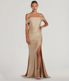 Turn heads at Prom 2025 in this gold prom dress, where statement-making details meet the iconic style of the Alicia Off-The-Shoulder Mermaid Formal Dress .
