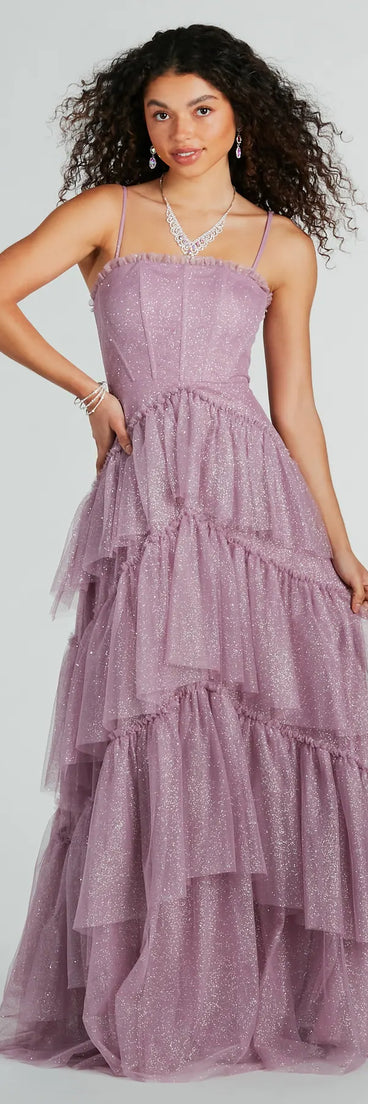 The Saylor Formal Glitter Tulle A-Line Long Dress is a amethyst dress, an essential holiday or NYE dress that pairs chic style with versatility making it perfect for cocktail events, New Year's Eve parties, or as a winter wedding guest look.