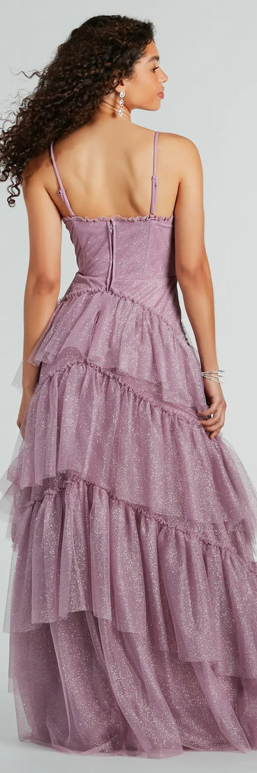 The Saylor Formal Glitter Tulle A-Line Long Dress is a amethyst dress, an essential holiday or NYE dress that pairs chic style with versatility making it perfect for cocktail events, New Year's Eve parties, or as a winter wedding guest look.