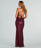 Celebrate in style with the Taisia Formal Sequin Scroll Dress, a plum formal wedding guest dress featuring an elegant silhouette and luxe details, perfect for a black-tie celebration.