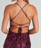 Turn heads at Prom 2025 in this plum prom dress, where statement-making details meet the iconic style of the Taisia Formal Sequin Scroll Dress.