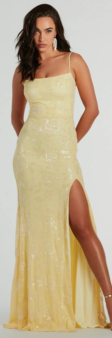 Make a bold statement in the Kimber High Slit Floral Sequin Mermaid Dress in yellow, the perfect summer dress for weddings, cocktail hours, nights out, and/or seasonal celebrations.
