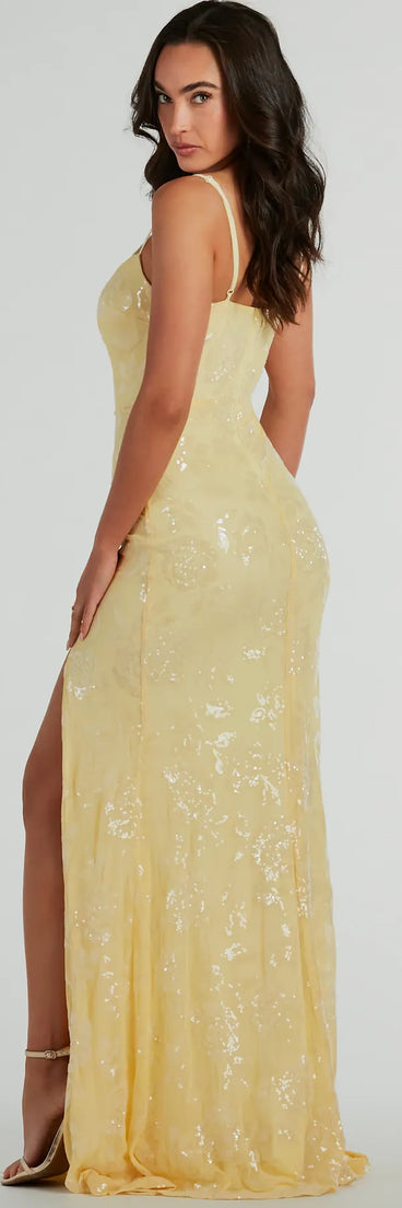 Make a bold statement in the Kimber High Slit Floral Sequin Mermaid Dress in yellow, the perfect summer dress for weddings, cocktail hours, nights out, and/or seasonal celebrations.