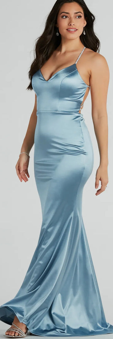You'll feel stylish and confident in the Kaley Rhinestone Strappy Mermaid Satin Dress as your Winter Formal Dress to stand out at your dance or event.