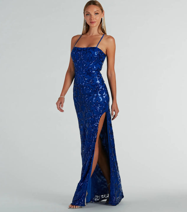 You'll feel stylish and confident in the Dalia Lace-Up Sequin Mesh Mermaid Dress as your Winter Formal Dress to stand out at your dance or event.