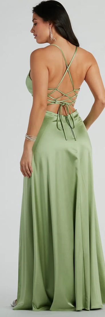 Celebrate the winter holidays in a sage long dress like the Vienna Lace-Up Satin A-Line Formal Dress, designed with timeless charm for party-ready occasions from winter bridesmaid looks to Winter Formal dances.