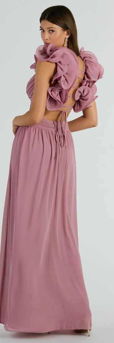 You'll feel stylish and confident in the Anne Marie Lace-Up Ruffle A-Line Chiffon Formal Dress as your Winter Formal Dress to stand out at your dance or event.