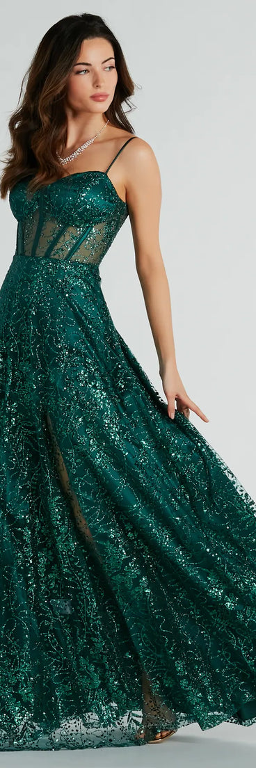Own the spotlight in the Lauren Sweetheart A-Line Glitter Sequin Dress, a hunter green formal dress crafted to deliver luxe style for autumn weddings, Military Balls, or any special event.