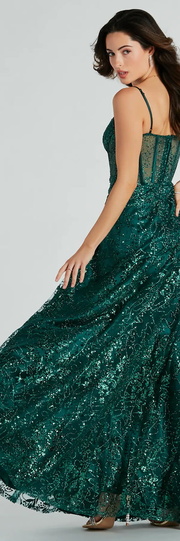 The Lauren Sweetheart A-Line Glitter Sequin Dress in hunter is a stunning green prom dress designed to capture attention with its fresh or bold color and effortlessly stylish silhouette.