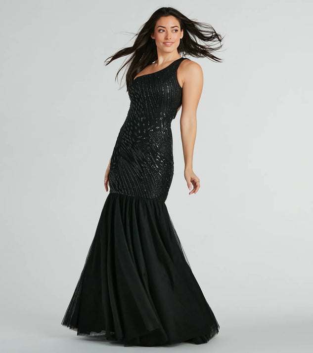 one shoulder mermaid hem sequin formal dress Gracelyn Formal One-Shoulder Mermaid Sequin Dress