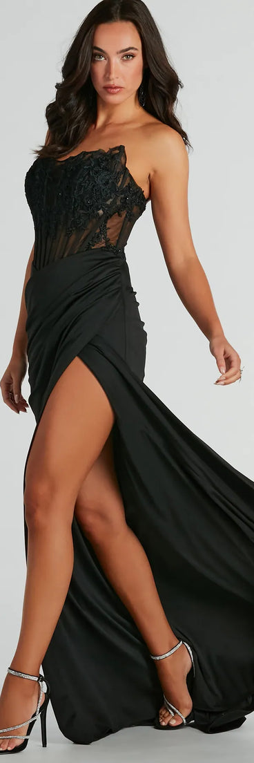 Feel ready for every dance floor moment or feed-worthy reel in the Shayla Strapless Corset Lace Formal Dress, a black homecoming dress designed to own your moment.