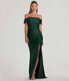 Turn heads at Prom 2025 in this hunter green prom dress, where statement-making details meet the iconic style of the Alicia Off-The-Shoulder Mermaid Formal Dress .