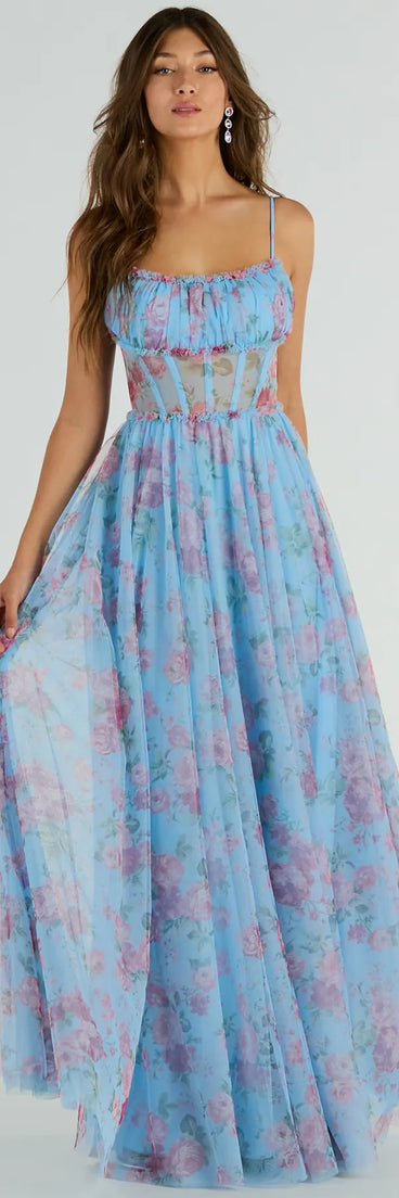 You'll feel stylish and confident in the Haylie Corset A-Line Floral Tulle Formal Dress as your Winter Formal Dress to stand out at your dance or event.