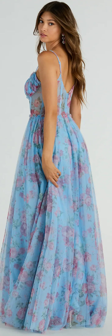 You'll look stunning in the Haylie Corset A-Line Floral Tulle Formal Dress, a light blue formal dress designed to create an effortless yet standout look as women's formal holiday attire, work party outfit, or NYE dress.