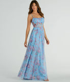 You'll look stunning in the Haylie Corset A-Line Floral Tulle Formal Dress, a light blue formal dress designed to create an effortless yet standout look as women's formal holiday attire, work party outfit, or NYE dress.