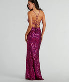 Celebrate the winter holidays in a magenta long dress like the Regina Lace-Up Mermaid Sequin Mesh Formal Dress, designed with timeless charm for party-ready occasions from winter bridesmaid looks to Winter Formal dances.