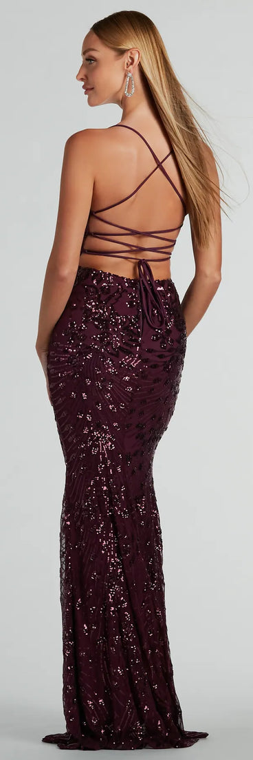 Jaylee Lace-Up Sequin Mesh Formal Dress