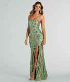 The Jillian Formal Sequin Slit Bodycon Long Dress in luxe sage green fabric, a stunning prom dress with statement details designed to make a bold impression at Prom 2025.